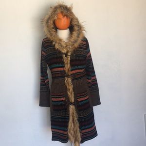 Long Hooded ‘Miss Me’ Sweater w/ Faux Fur Trim